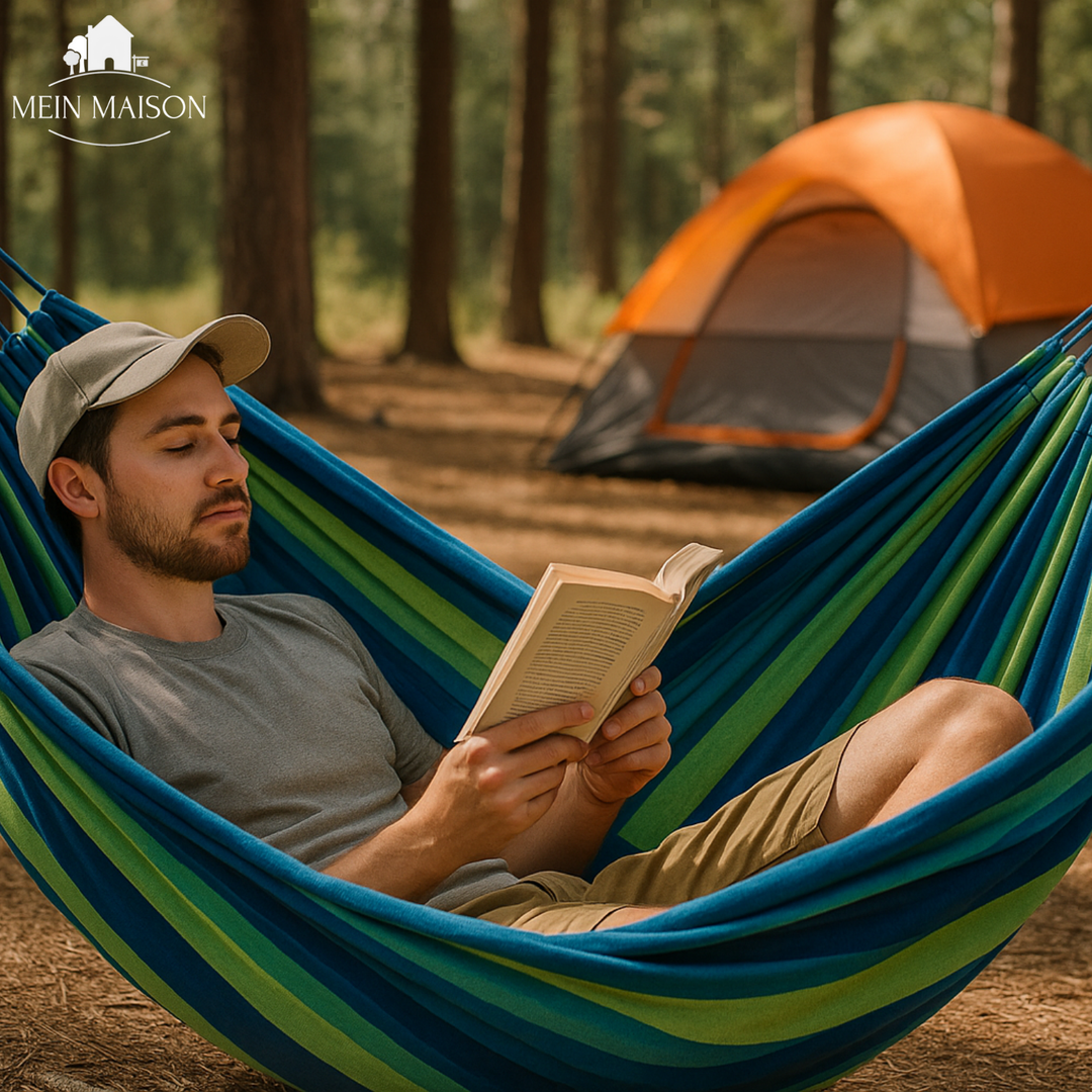 Leichte & tragbare Hängematte aus Canvas für Outdoor-Abenteuer, Garten- & Camping-Entspannung.