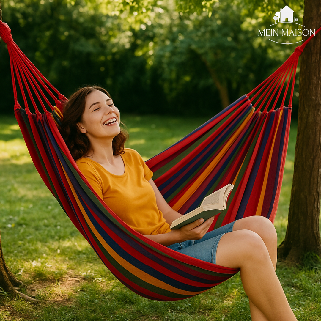 Entspannende Canvas-Hängematte für den Sommer, perfekt für Garten, Camping & Freizeit. Robust.