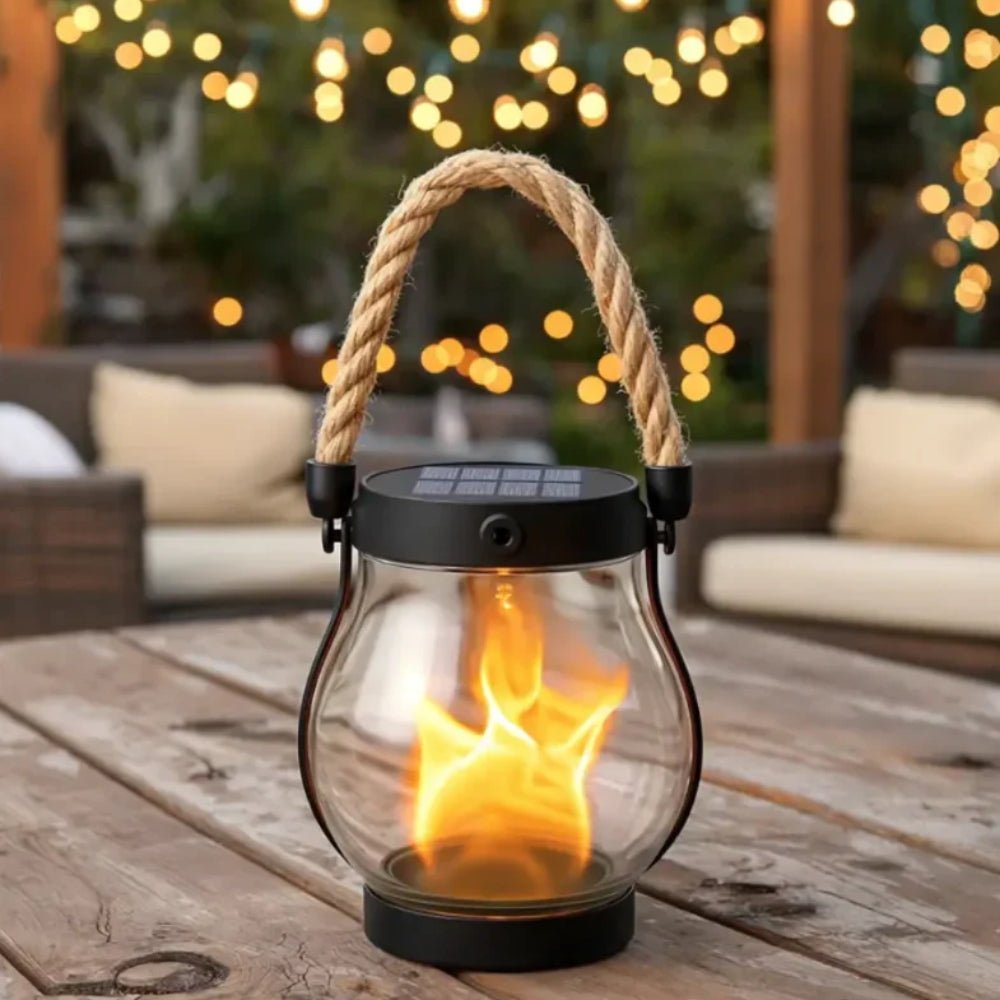 Hängende LED Laterne mit realistisch flackerndem Flammeneffekt für stimmungsvolle Garten- & Terrassenbeleuchtung.