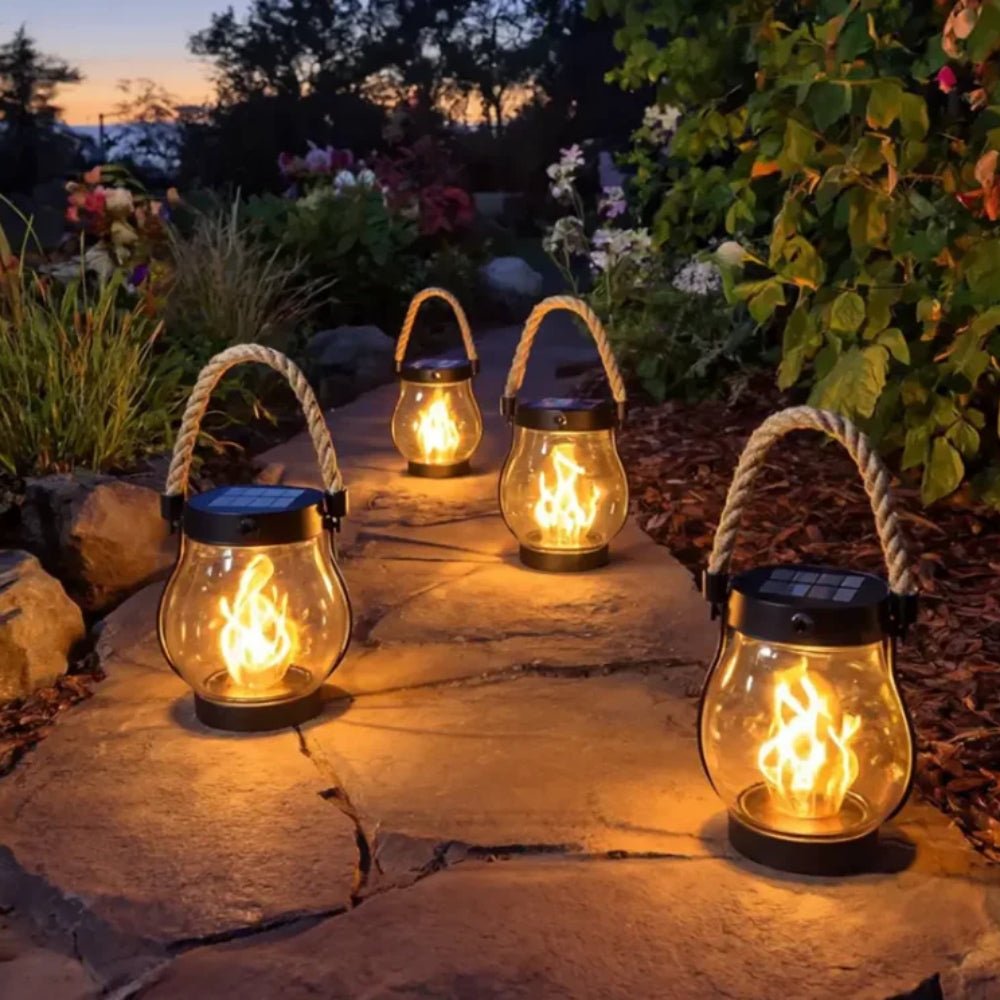 Dekorative Hängelaterne LED mit Flammeneffekt für Balkon, Garten & Terrasse. Schafft gemütliches Außenambiente.