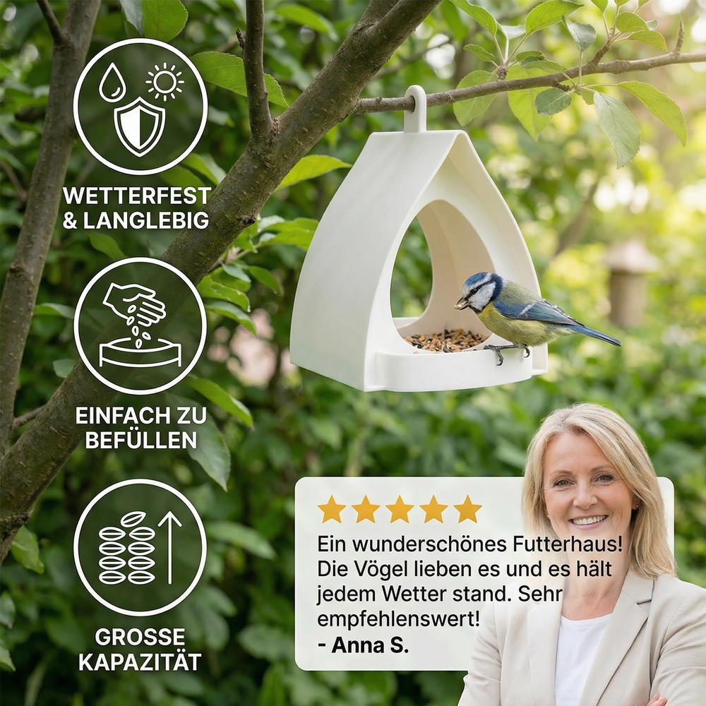 Stilvolles hängendes Vogel-Futterhaus für Balkon & Terrasse, für Wildvögel konzipiert.