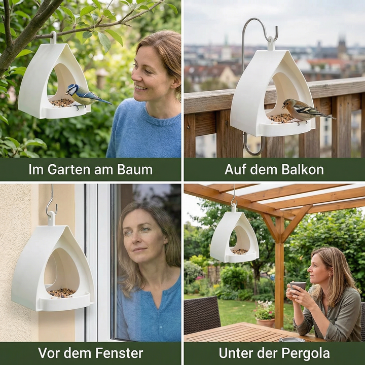 Praktischer Futterspender für Vögel, hängend, für artgerechte Vogelfütterung im Garten.