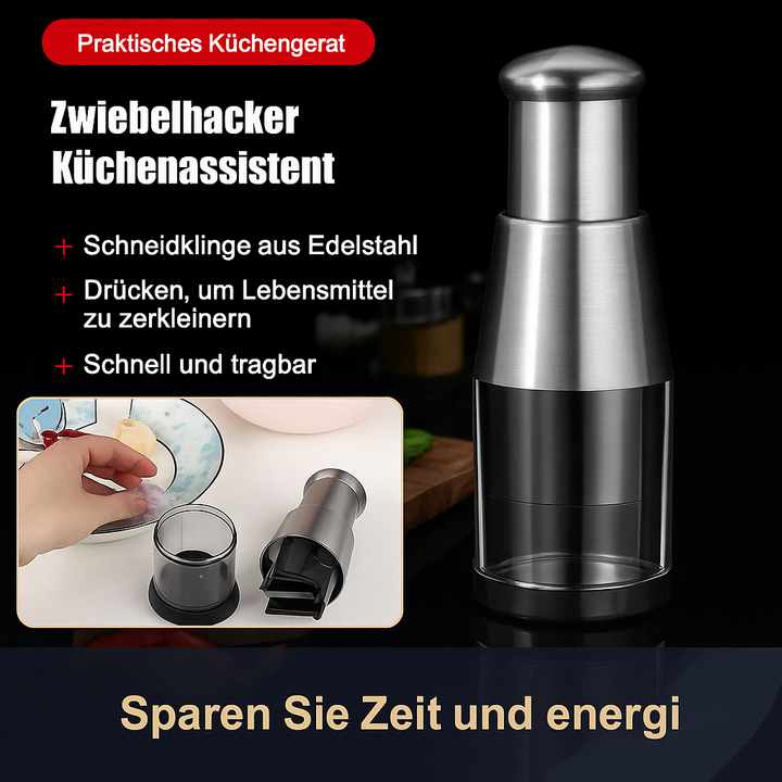 HackBlitz Pro Küchen-Zerkleinerer, manuell, aus Edelstahl für müheloses Zerkleinern von Gemüse in Sekunden.