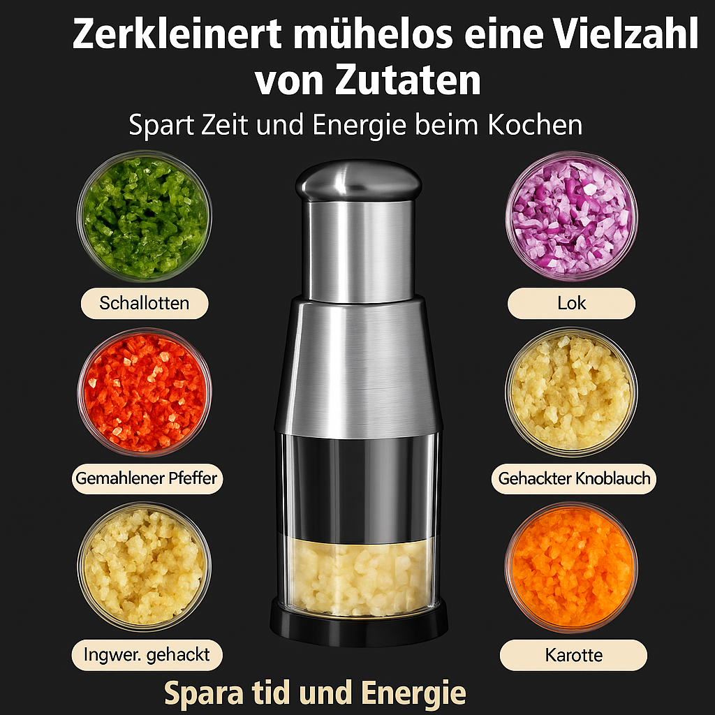 Kompakter Gemüsezerkleinerer für die Küche, perfekt zum schnellen Vorbereiten von Salaten und Salsas.