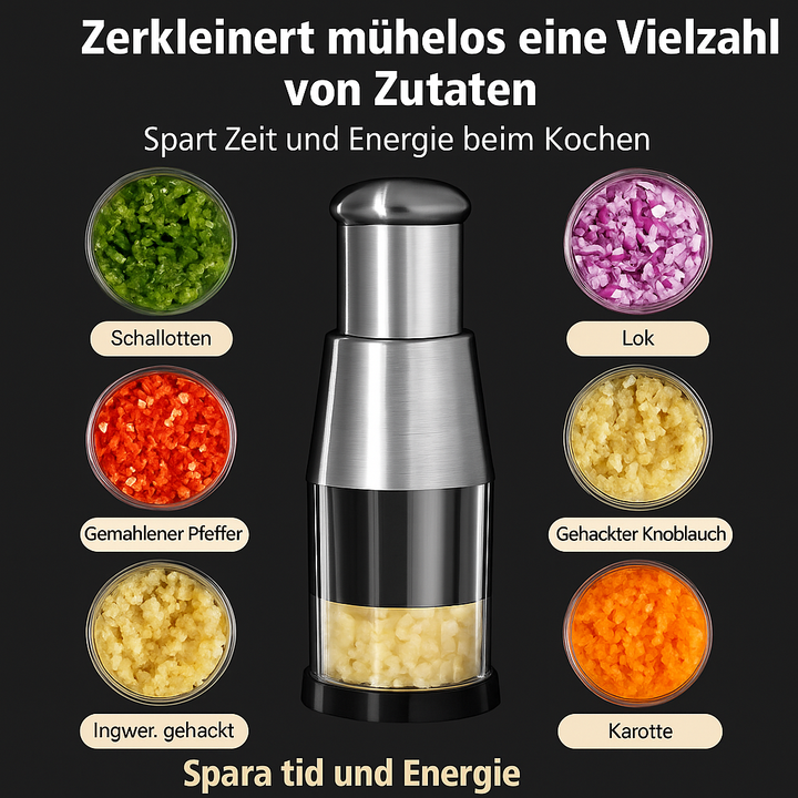 Kompakter Gemüsezerkleinerer für die Küche, perfekt zum schnellen Vorbereiten von Salaten und Salsas.