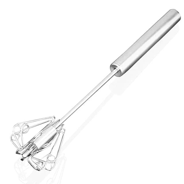 Langlebiger Edelstahl-Schneebesen, halbautomatisch, für bequemes Rühren ohne Strom. Praktischer Küchenhelfer.