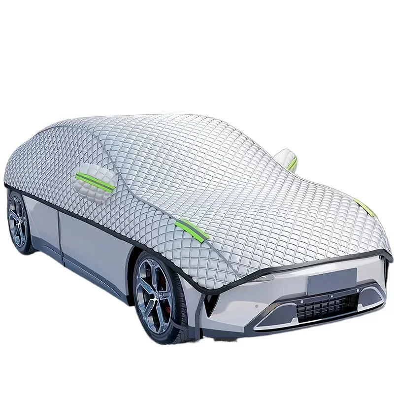 Wasserdichte Autoabdeckung Halbgarage als Frostschutz für PKW im Winter, inkl. UV-Schutz und Hagelschutz.