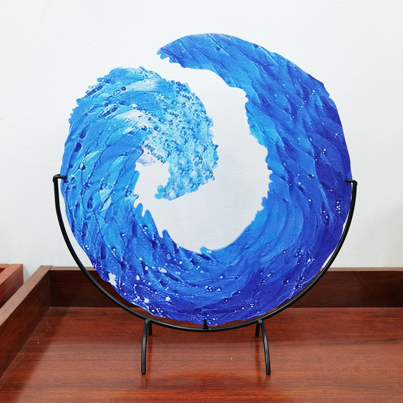 Handgefertigte Glas-Skulptur "Ozeanwelle" als moderne Heimdekoration für Wohnzimmer oder Tisch.