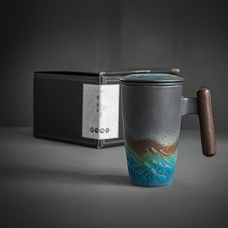 Vielseitige Keramik Tasse, handgefertigt, für Kaffee & Tee, mit Teesieb & Holzgriff, retro Stil.