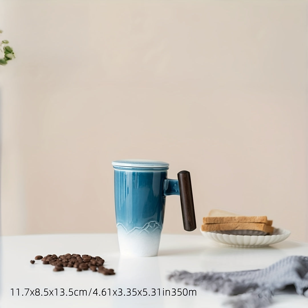Gemütliche Keramik Teetasse handgefertigt, mit praktischem Teesieb & Holzgriff. Ideales Teegeschirr.