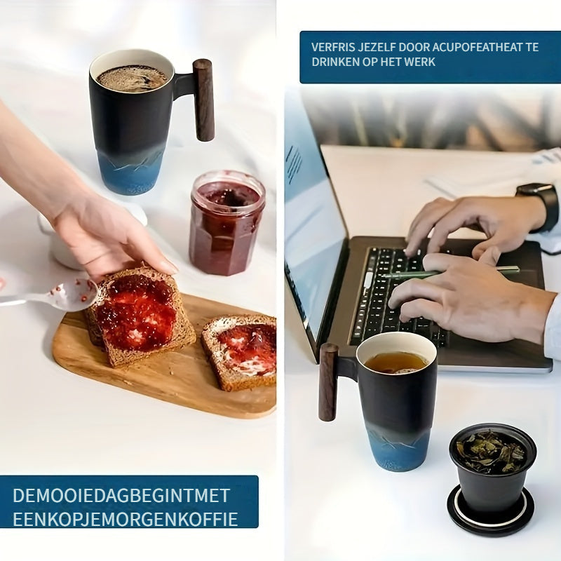 Unikat: Handgefertigte Keramik Teetasse mit Holzgriff & Teesieb, ideal für losen Tee.