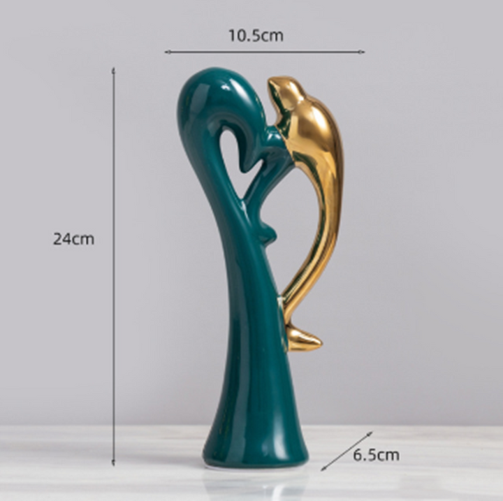 Exquisite handgefertigte Keramik Vogelpaare, goldgrün, ideale romantische Geschenkidee für Verliebte.