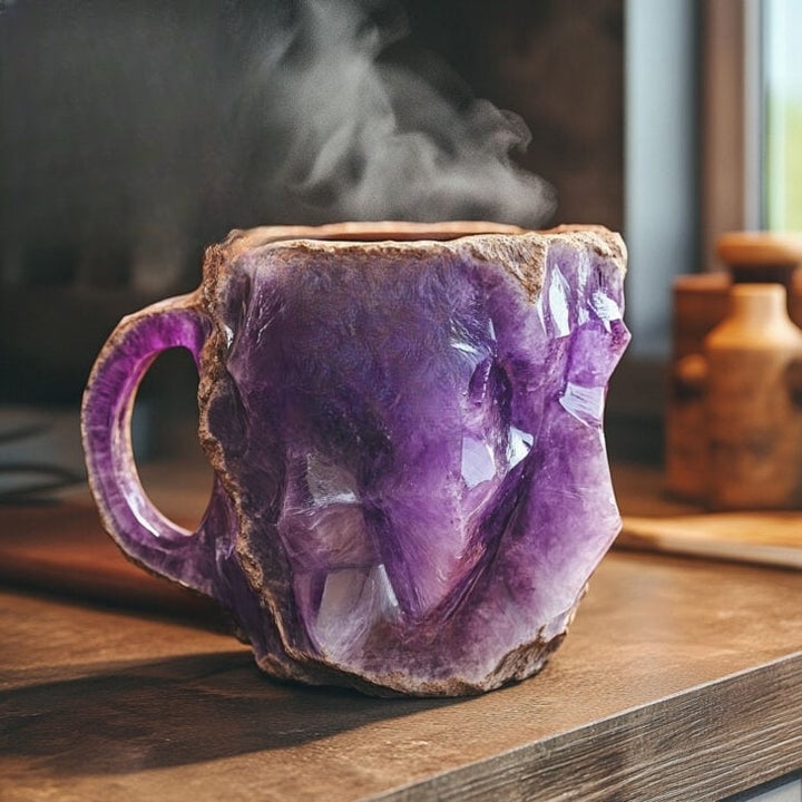 Schimmernde handgefertigte Mineral-Kristall Kaffeetasse, isoliert, mikrowellengeeignet. Einzigartiges Design für deine Küche.