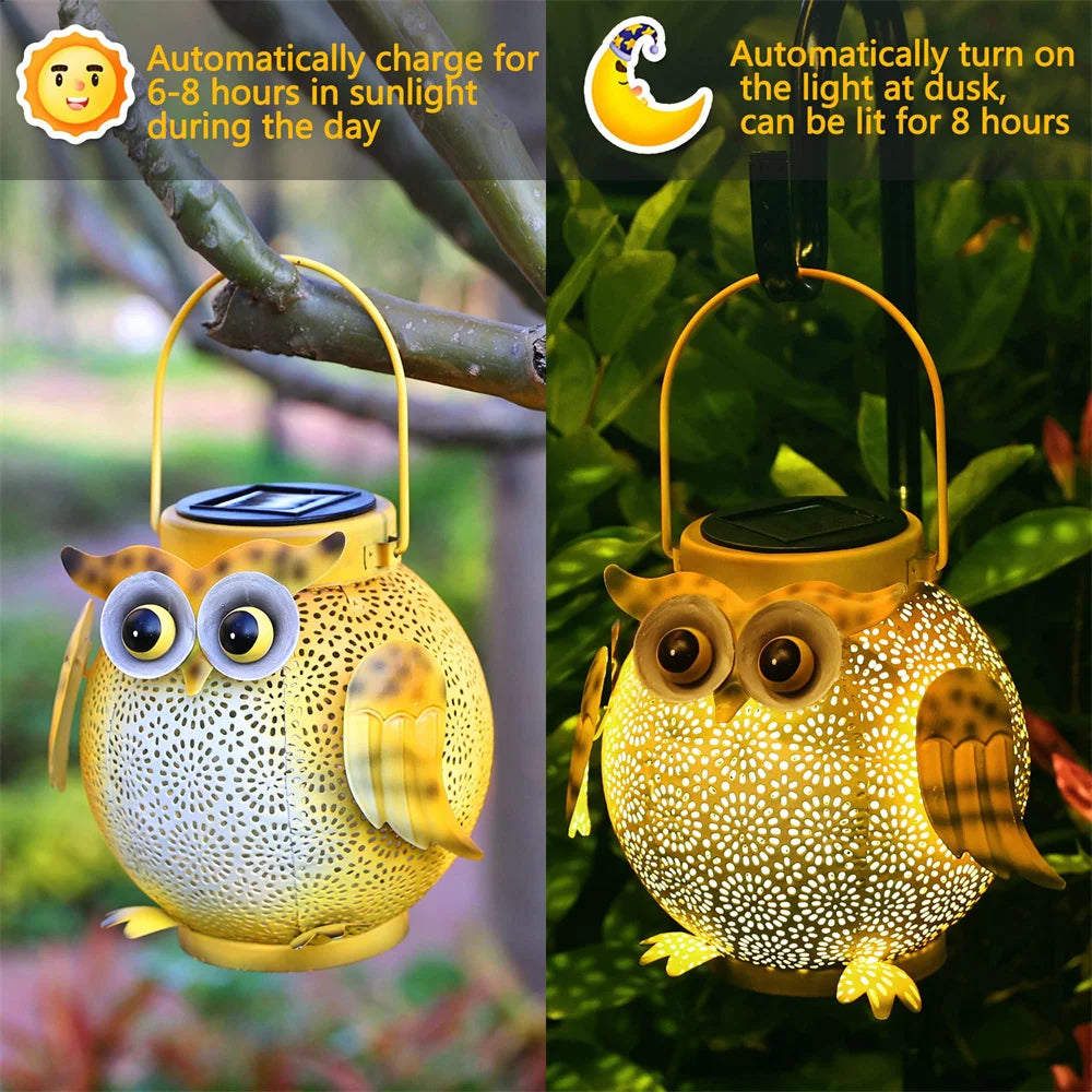 Charmante handgefertigte Solar Eule Tierfigur aus Metall, eine wetterfeste Gartenleuchte für ansprechende Gartendeko.