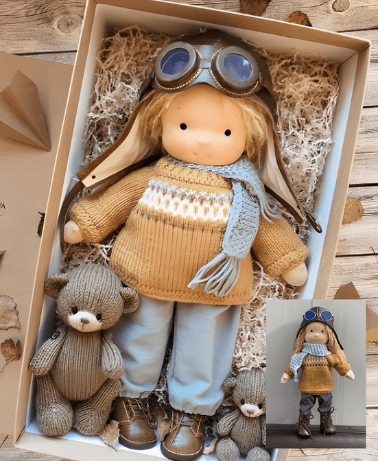 Handgefertigte Waldorf-Kuschelpuppe Poppi für fantasievolles Spiel. Weiches, pädagogisches Spielzeug für Kinder.