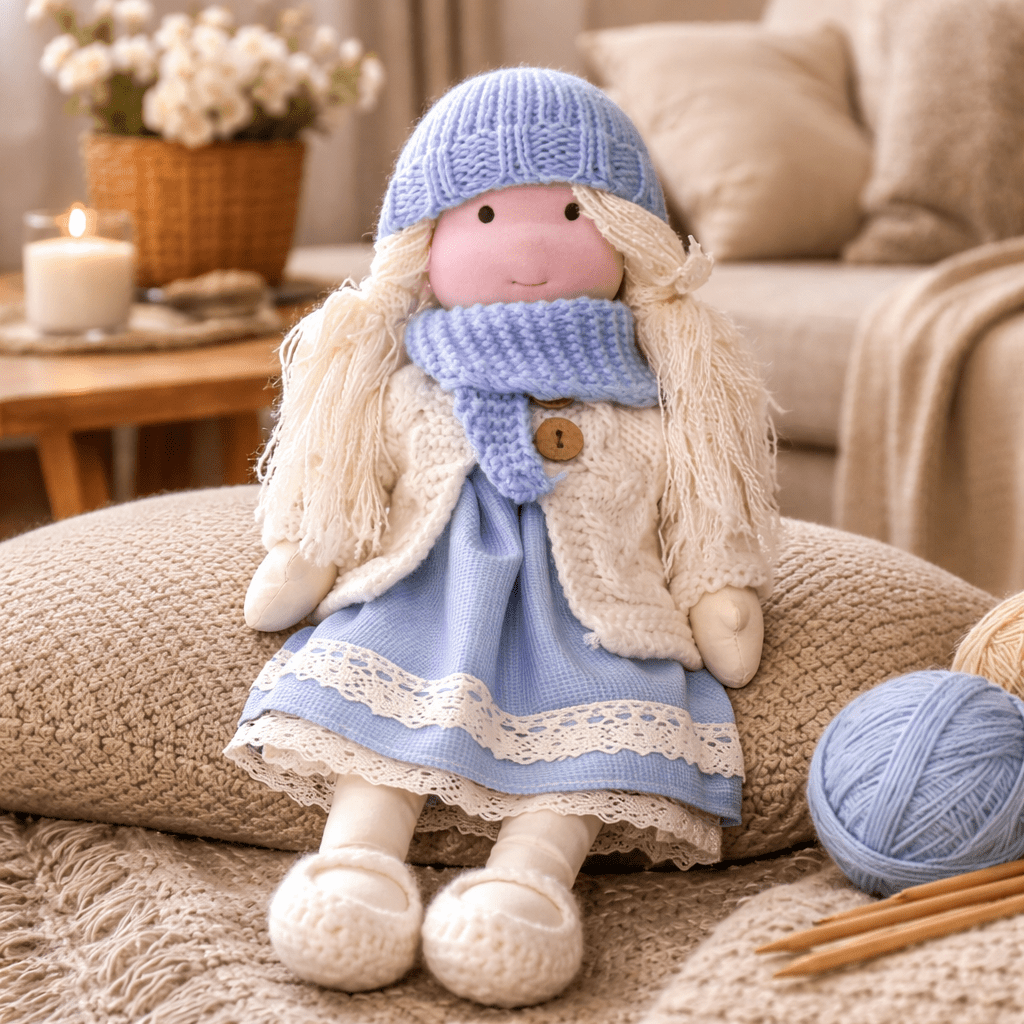 Perfekte Geschenkidee: Handgemachte Baumwollpuppe für pädagogisch wertvolles Spielen.