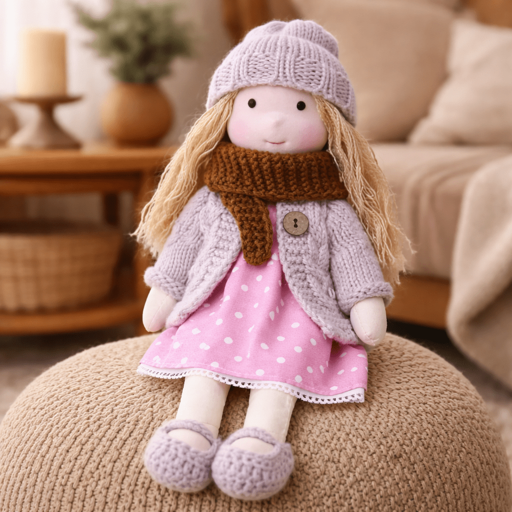 Gemütliche Szene mit Waldorfpuppe, ideal zum Kuscheln & fantasievollen Spielen.