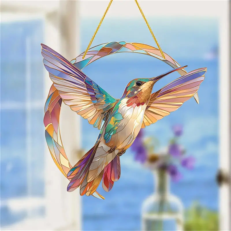 Bunter Kolibri Sonnenfänger aus Acryl, handgefertigt, als spirituelle Gartendeko & Glücksbringer.