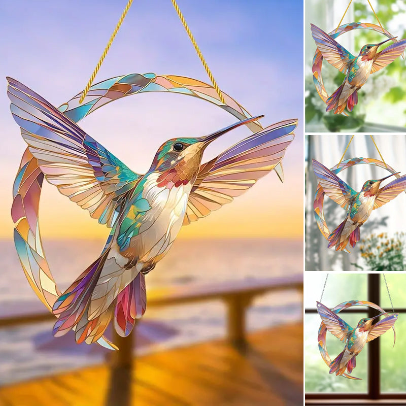 Farbenfroher Kolibri Sonnenfänger Acryl Deko für Fenster & Garten, symbolisiert Lebensfreude.