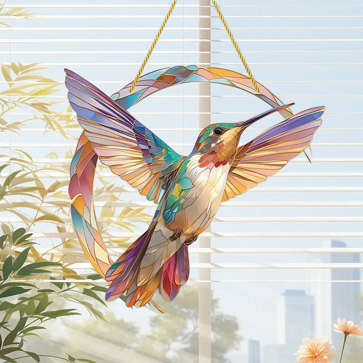 Vielseitiger Acryl Kolibri Sonnenfänger als farbenprächtige Gartendeko oder Fensterhänger.
