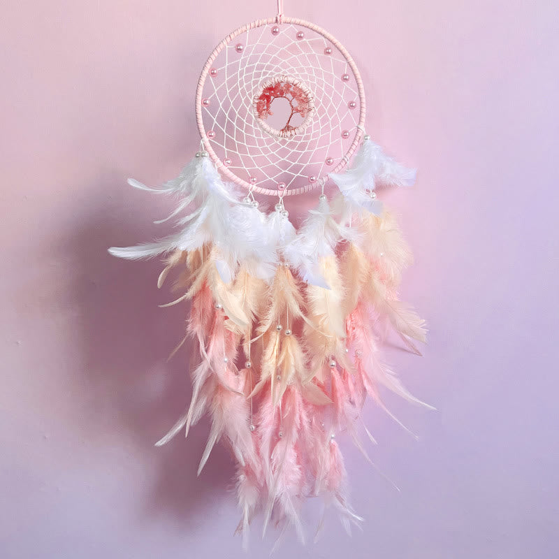 Traumfänger mit funkelnden Rosenquarz- & Amethyst-Kristallen, Lebensbaum & Federn. Handgefertigt, Boho.