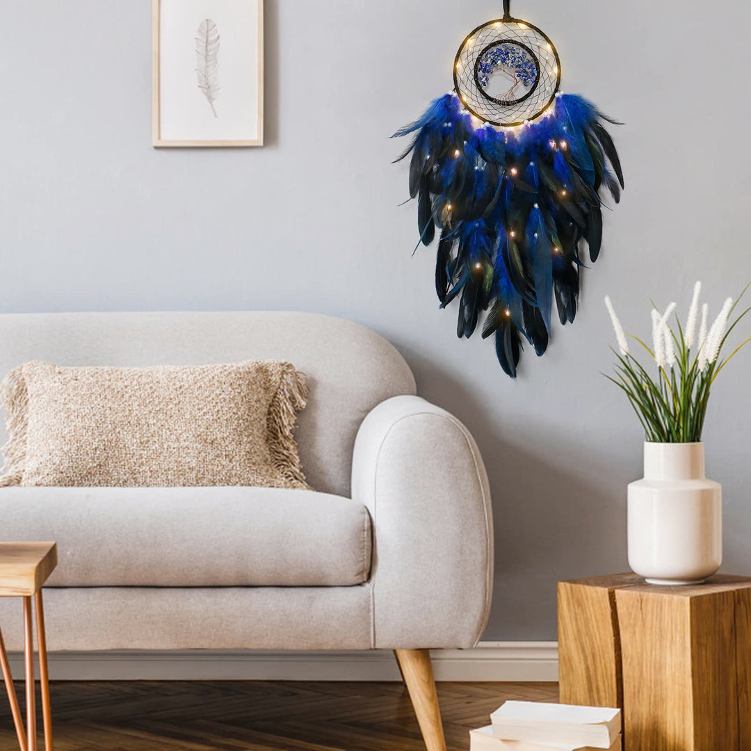 Boho Lebensbaum Traumfänger mit Türkis & Sodalith Natursteinen, Federn. Handgefertigtes Geschenk.