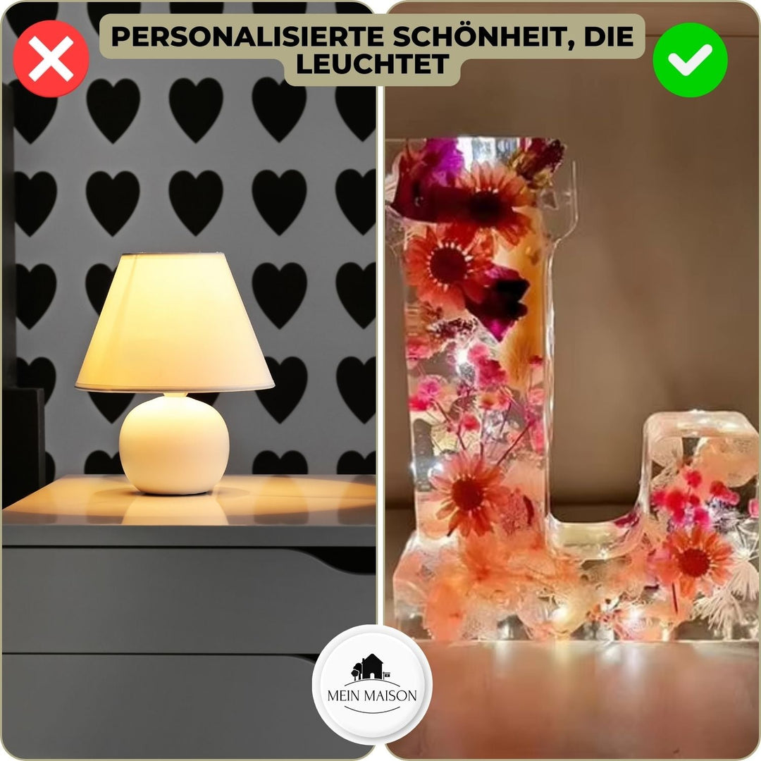 Kombinierte LED Harzbuchstaben "LOVE" mit Blumen, kreative und personalisierte Wanddekoration.