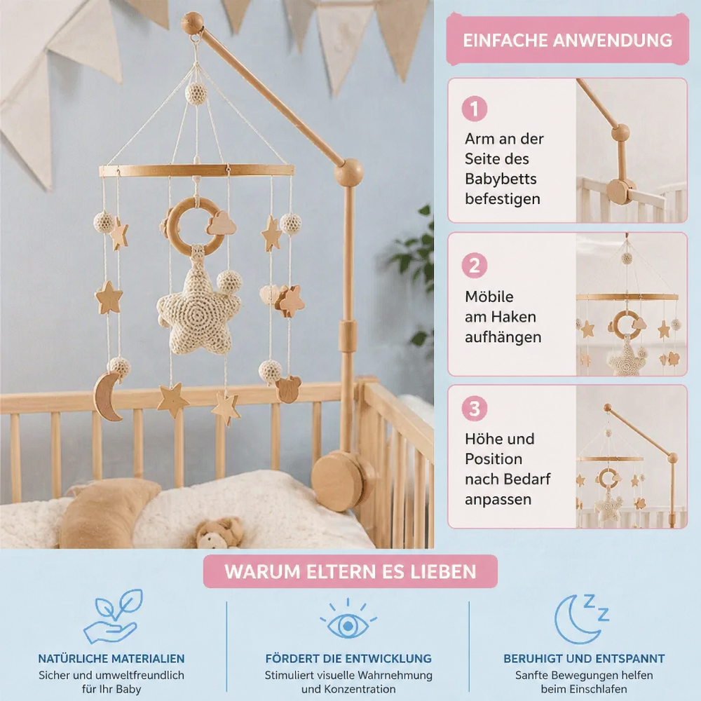 Natürliches Holz-Mobile, handgefertigt mit süßen gehäkelten Anhängern, perfektes Bettspielzeug für Babys.