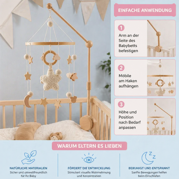 Natürliches Holz-Mobile, handgefertigt mit süßen gehäkelten Anhängern, perfektes Bettspielzeug für Babys.