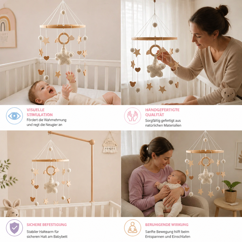 Stilvolle Kinderzimmer Deko: Handgemachtes Holz-Mobile mit gehäkelten Figuren, ideal für Neugeborene.