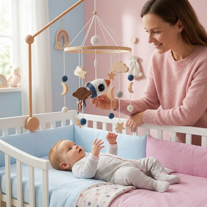 Baby-Mobile aus Holz & gehäkelten Tieren über dem Babybett, handgemacht, Einschlafhilfe für Neugeborene.