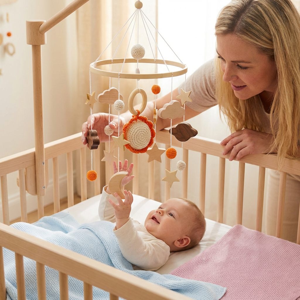 Süßes handgemachtes Holz-Mobile mit gehäkelten Anhängern, Babyspielzeug und Kinderzimmer Deko für Neugeborene.