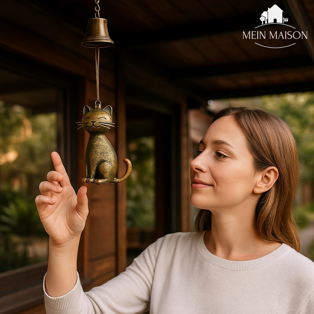 Handgemachtes Katzen-Windspiel aus Kupfer im Vintage-Stil. Perfekt für Garten, Balkon oder als Wohnaccessoire.
