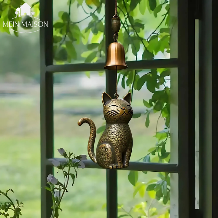 Vintage Kupfer-Windspiel mit Katzenmotiv. Ideale Balkondekoration, handgemacht für Haus & Garten.