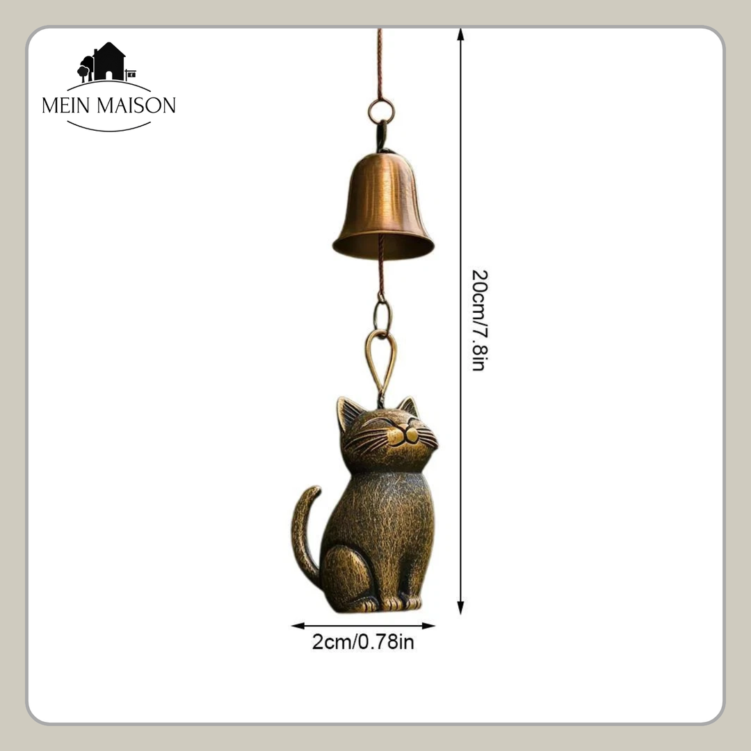 Künstlerisches Katzen-Windspiel aus glänzendem Kupfer. Einzigartige Retro-Deko für Haus und Garten.