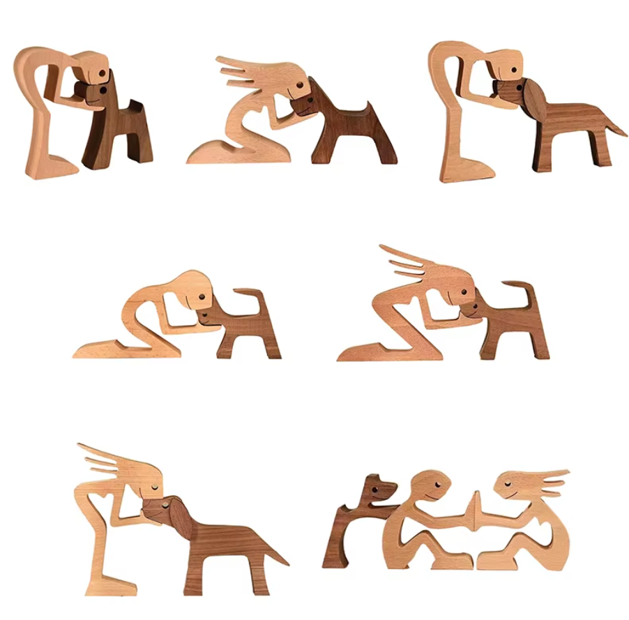 Handgeschnitzte Hundestatue aus Holz, detailreich und einzigartig. Ideal für Liebhaber von Tierskulpturen.