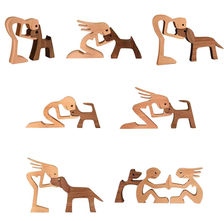 Handgeschnitzte Hundestatue aus Holz, detailreich und einzigartig. Ideal für Liebhaber von Tierskulpturen.