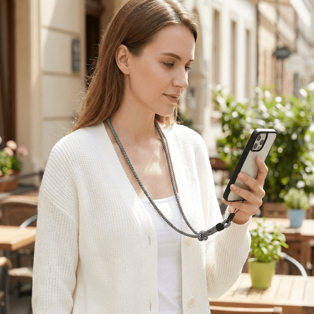 Handgewebtes Handy Lanyard, verstellbar, sichert Smartphone & kleine Lautsprecher vor Verlust. Robust & langlebig.