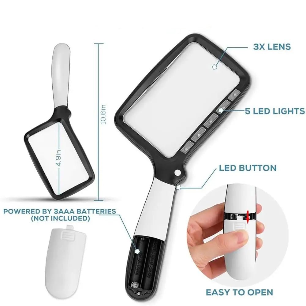 Komfortable Handlupe mit LED-Licht, ideal zur 3-fachen Vergrößerung beim Lesen, für Sammlungen und Bastelarbeiten.