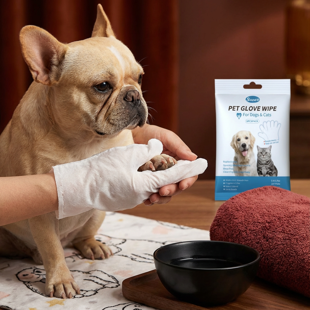 Handschuh Reinigungstücher für Haustiere. Ideal zur schnellen Fellpflege und Hygiene unterwegs bei Hund und Katze.