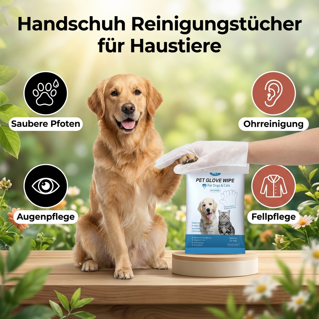 Praktische Handschuh-Feuchttücher für Hunde und Katzen. Sanfte Reinigung und Frischekick für Fell und Pfoten.