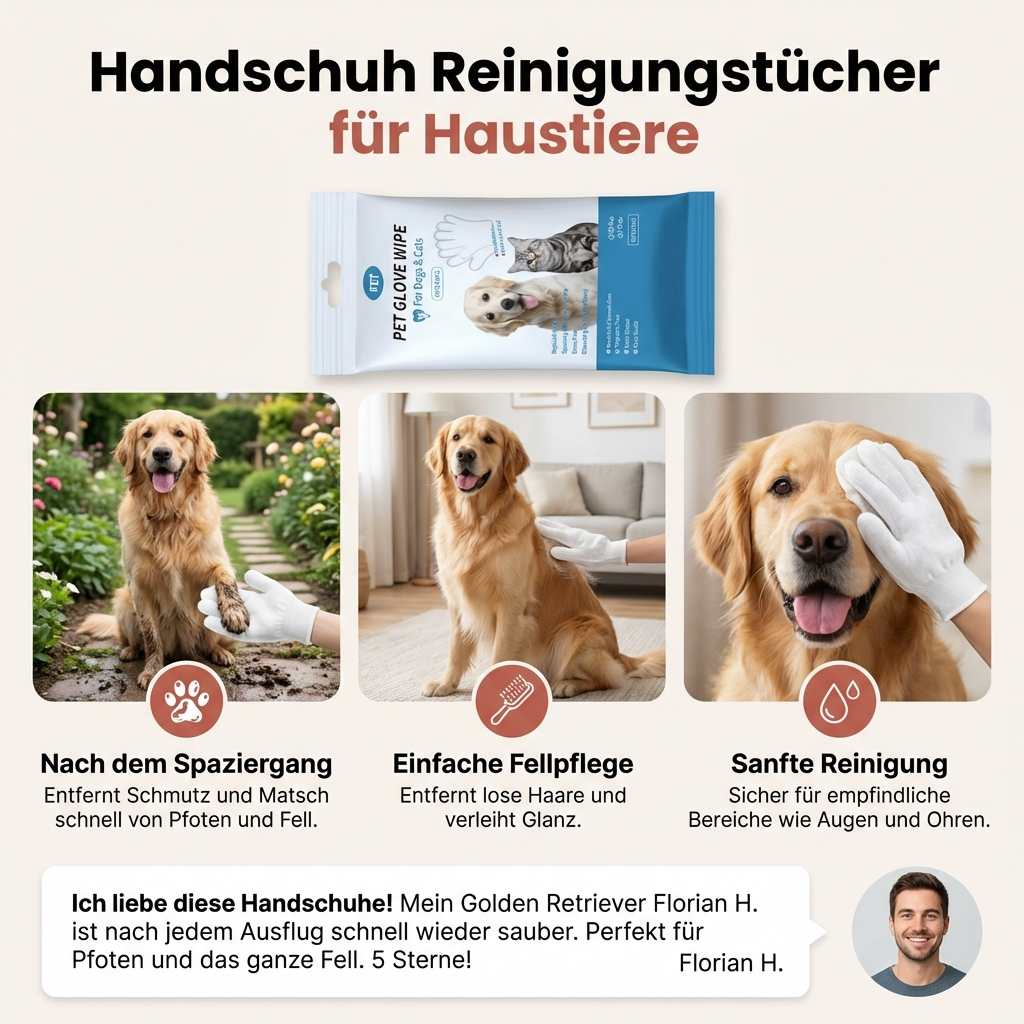 Milde Reinigungstücher in Handschuhform für die sanfte Haustierpflege. Perfekt für Hundepflege und Katzenhygiene.