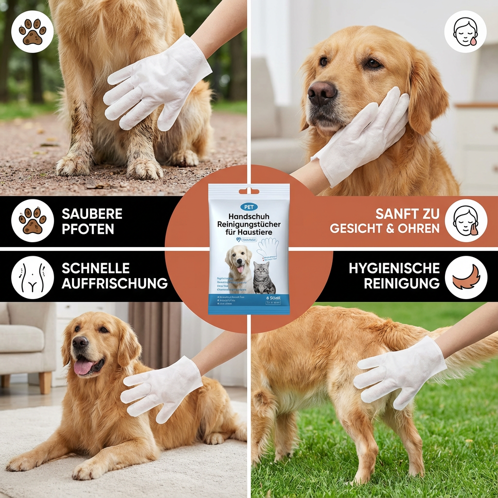 Tierpflege: Handschuh Reinigungstücher für unterwegs. Effektive Hygiene für Hunde, Katzen und kleine Haustiere.