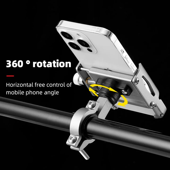 E-Scooter Handyhalterung, 360° drehbar & stoßfest. Universelle Aluminium Lenkerhalterung für dein Smartphone.