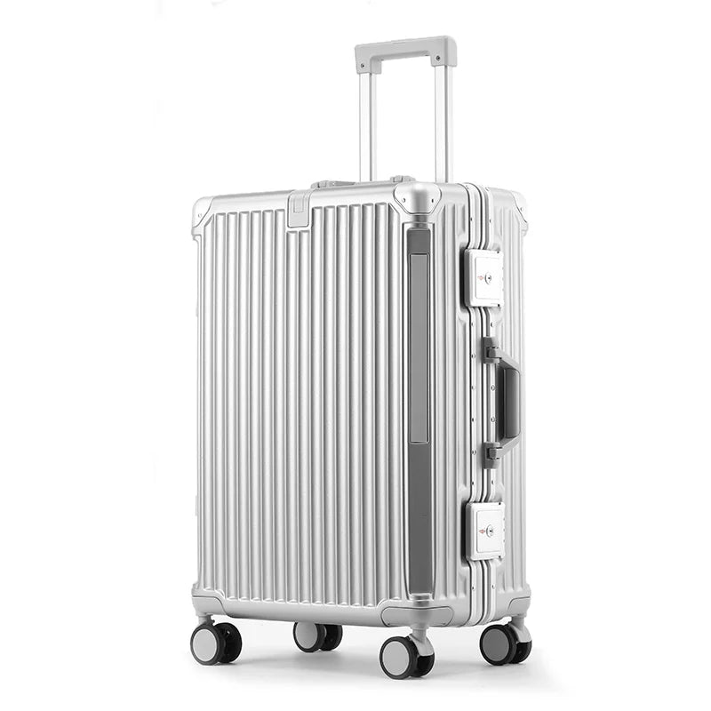 Robuster Reisekoffer mit Hartschale, Aluminiumrahmen, praktischem TSA-Schloss und leichtläufigen Spinnerrollen.