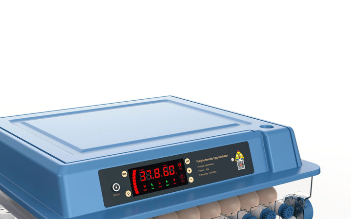 Moderne HatchEase Brutmaschine für die Kükenzucht; vollautomatischer Inkubator mit Notstromfunktion und Zubehör.