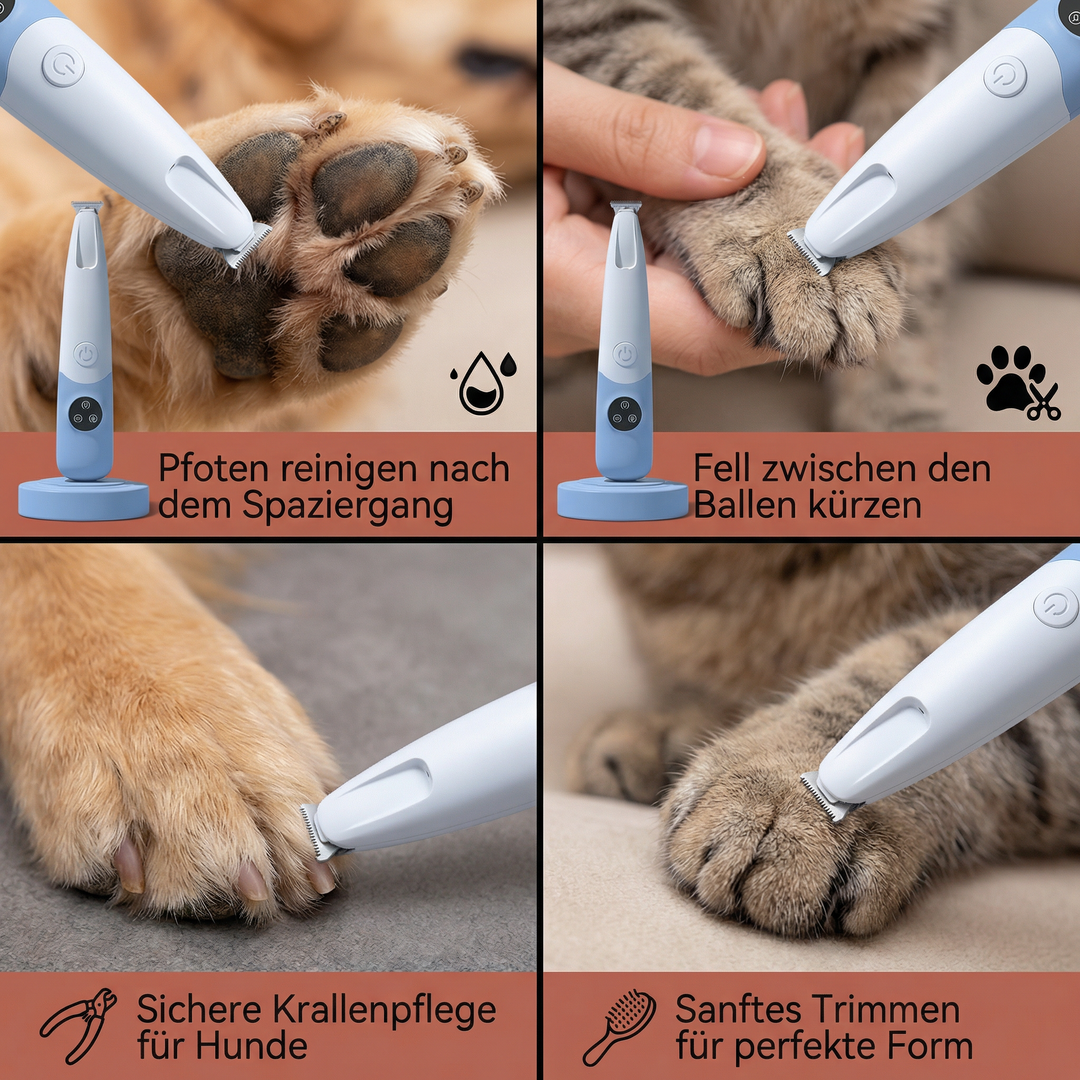 Frau pflegt die Pfoten ihres Hundes mit dem ergonomischen, kabellosen Haustier Trimmer für präzise Fellpflege.