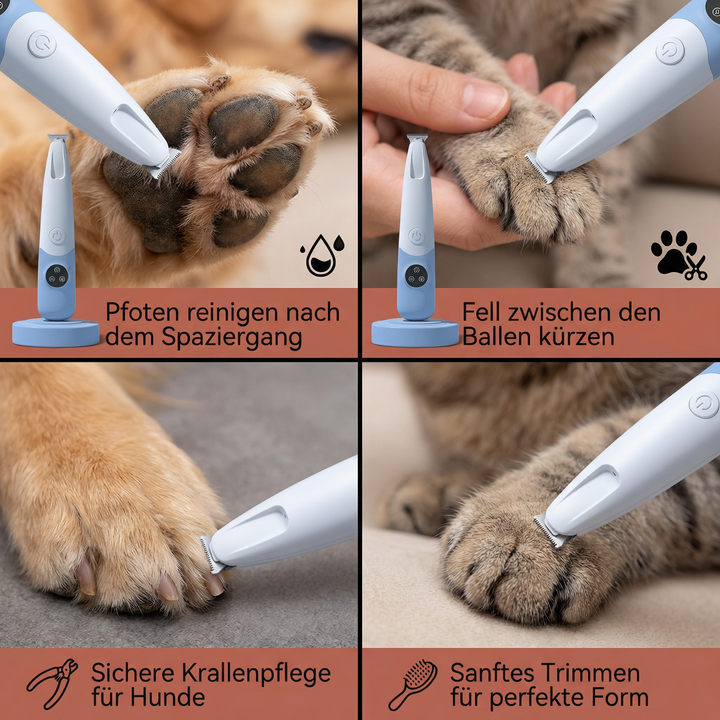 Frau pflegt die Pfoten ihres Hundes mit dem ergonomischen, kabellosen Haustier Trimmer für präzise Fellpflege.