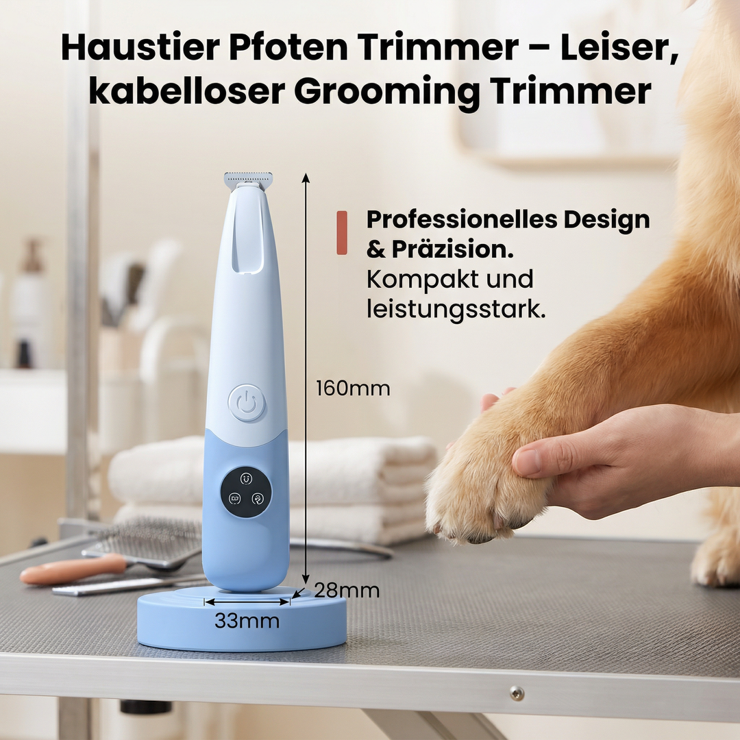 Ergonomischer, kabelloser Haustier Pfoten Trimmer in Weiß, speziell für leise & sanfte Hunde- & Katzenfellpflege.