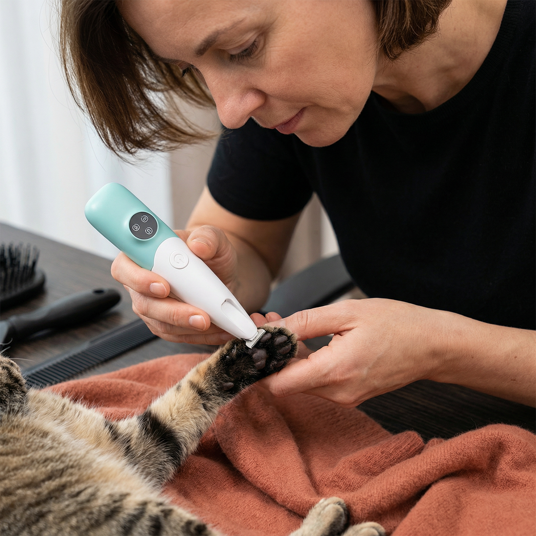 Katze lässt sich entspannt die Pfoten mit dem leisen, sanften Haustier Trimmer pflegen. Ideal für empfindliche Tiere.